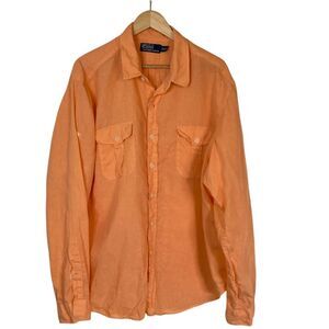 Polo Ralph Lauren Mens Linen Button Front Shirt XXL‎ Orange Long Roll Tab Sleeve